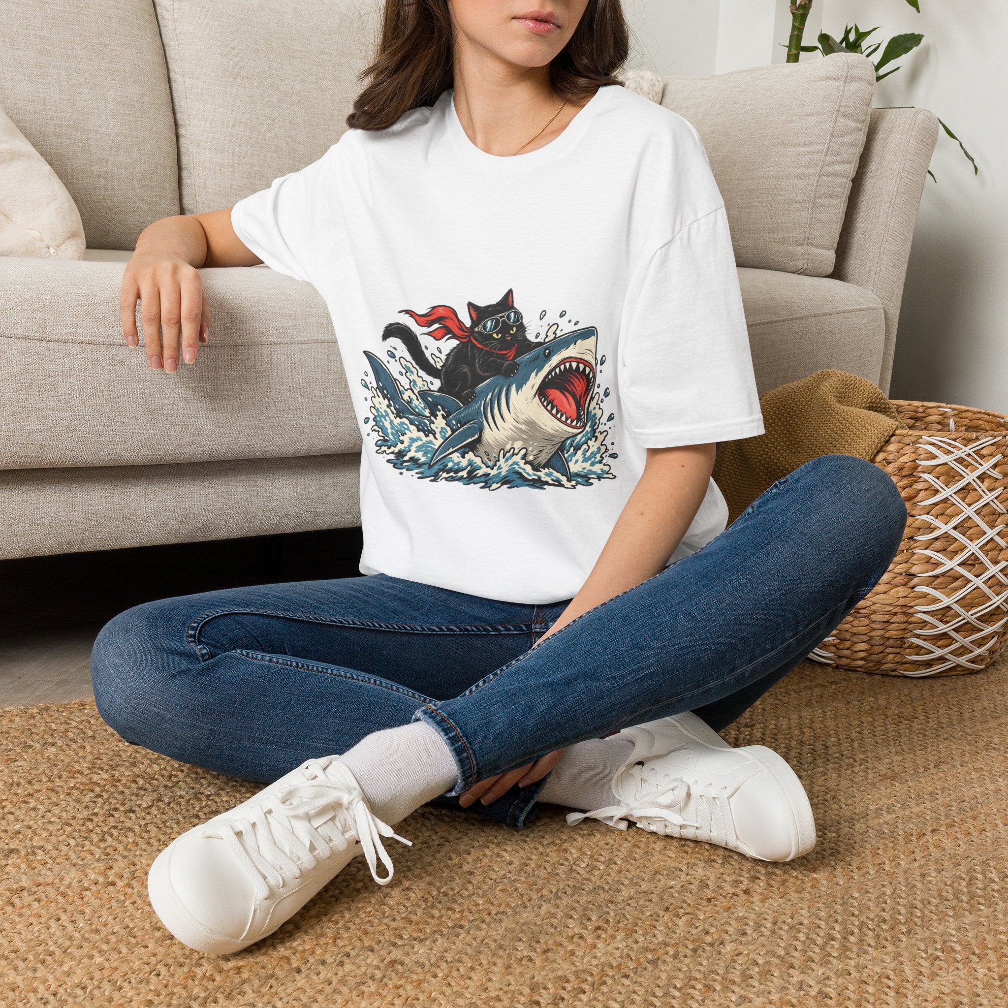 Cat Riding Shark T-Shirt — Retro Surf Graphic Tee for Cat Lovers
