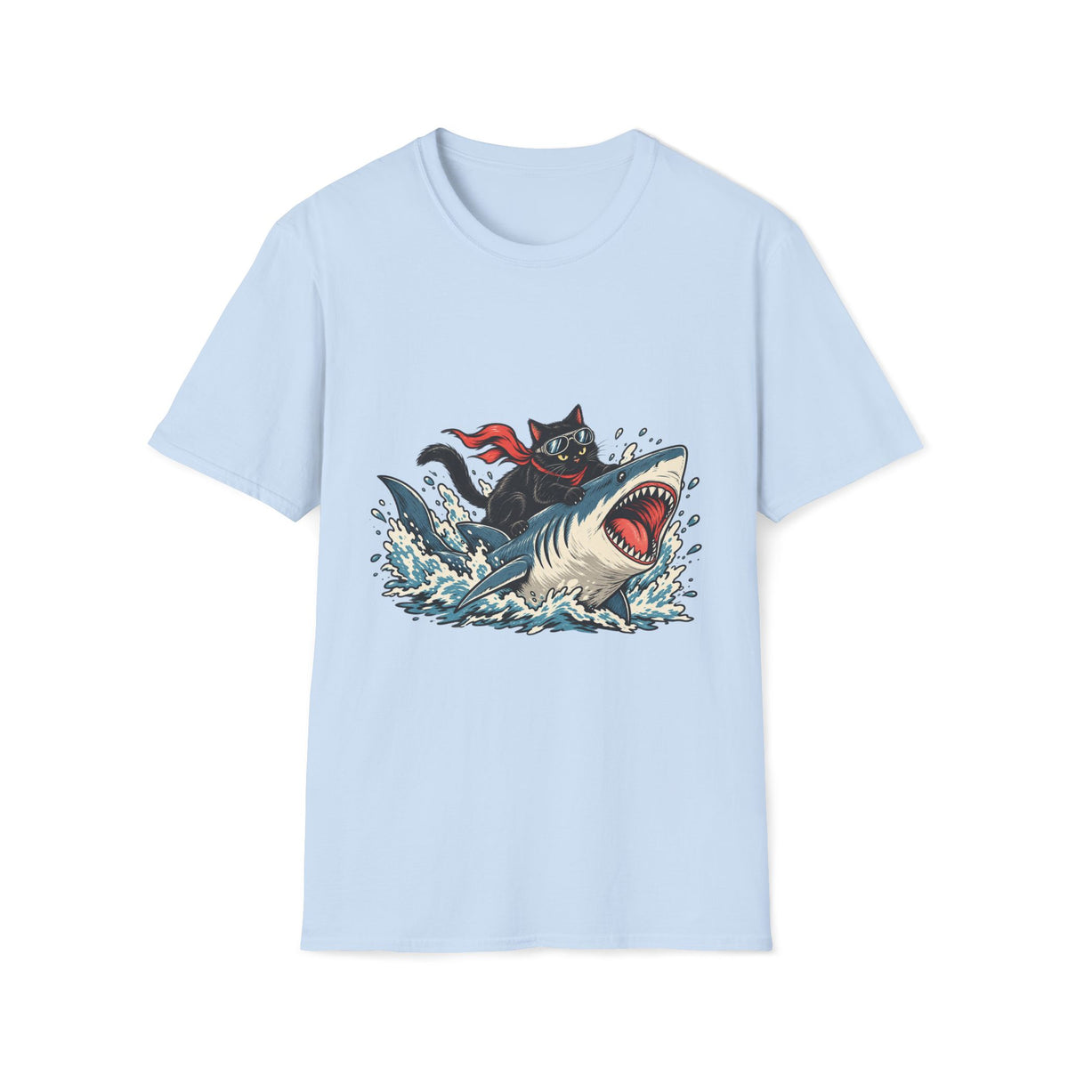 Cat Riding Shark T-Shirt — Retro Surf Graphic Tee for Cat Lovers