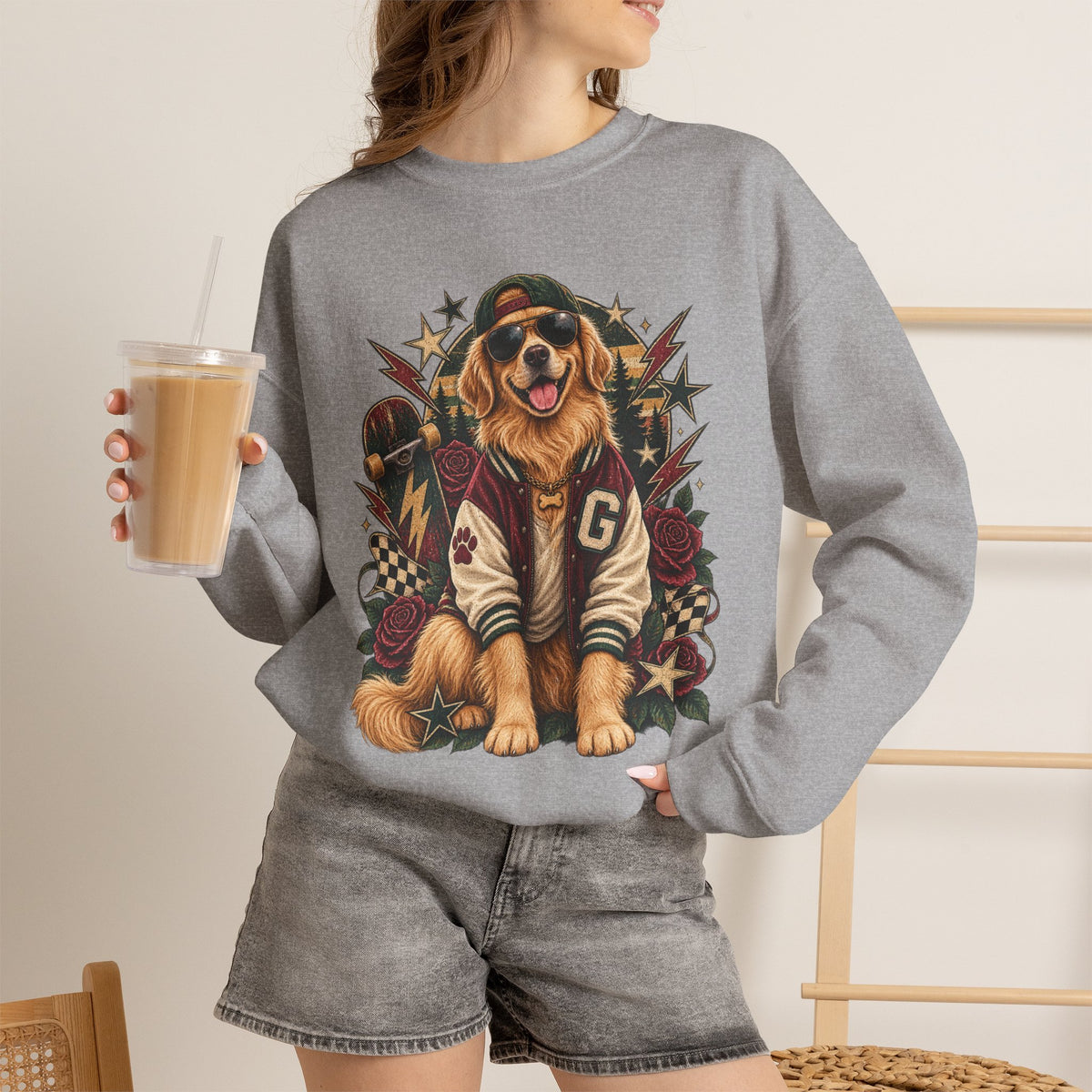 Golden Retriever Varsity Crewneck Sweatshirt — Retro Dog Lover Sweater