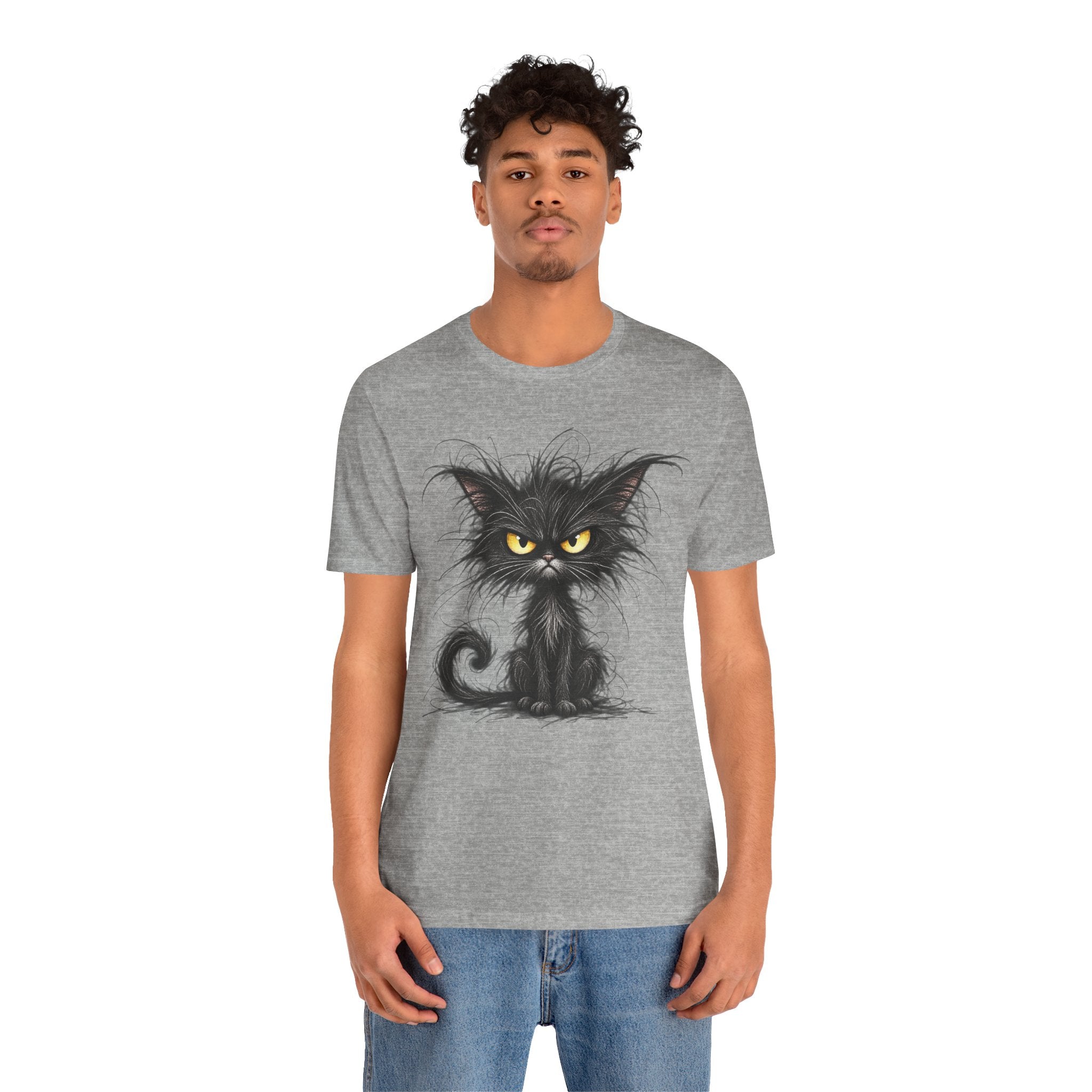 Grumpy Black Cat T‑Shirt — Cute Gothic Cat Tee with Yellow Eyes
