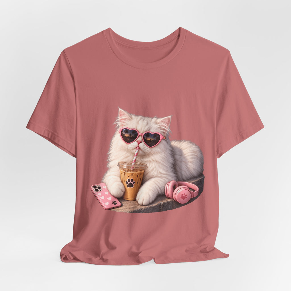 Cat With Boba T-Shirt — Cute White Cat Wearing Heart Sunglasses, Phone & Headphones Tee