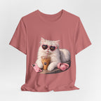 Cat With Boba T-Shirt — Cute White Cat Wearing Heart Sunglasses, Phone & Headphones Tee
