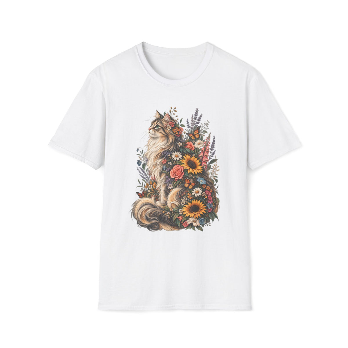 Floral Cat T-Shirt — Sunflower & Wildflower Cat Illustration Tee