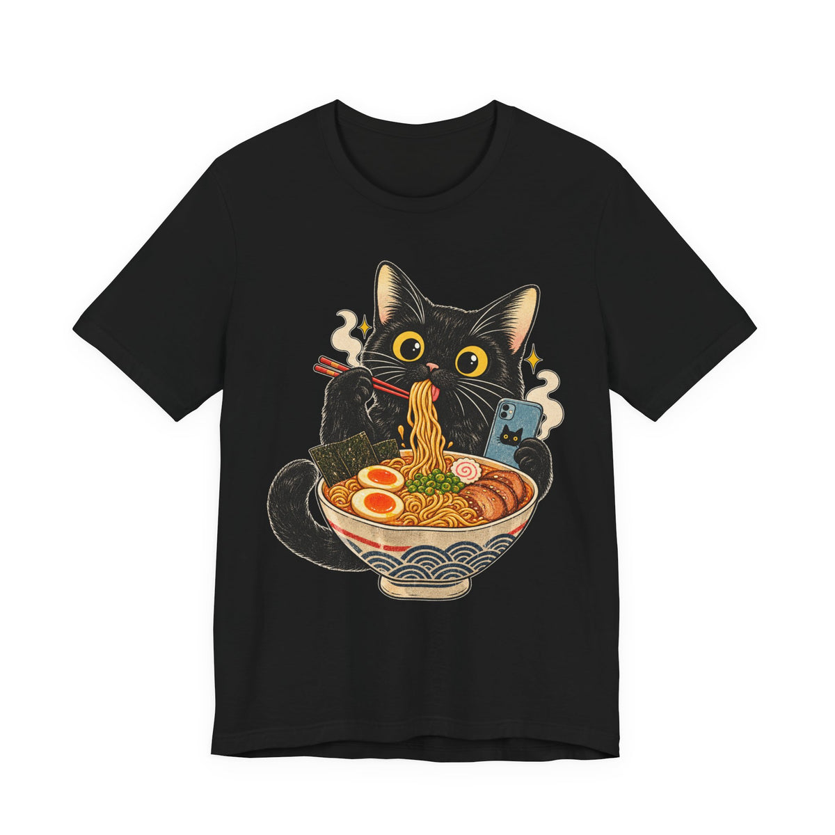 Black Cat Ramen T-Shirt — Cute Kitty Eating Ramen Graphic Tee