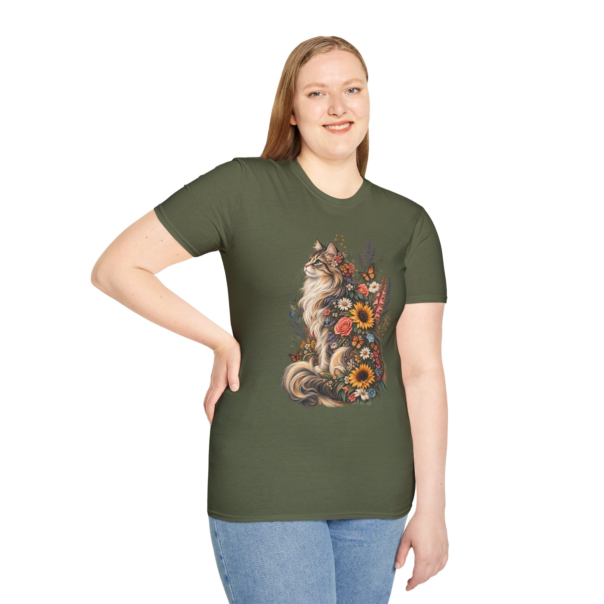 Floral Cat T-Shirt — Sunflower & Wildflower Cat Illustration Tee