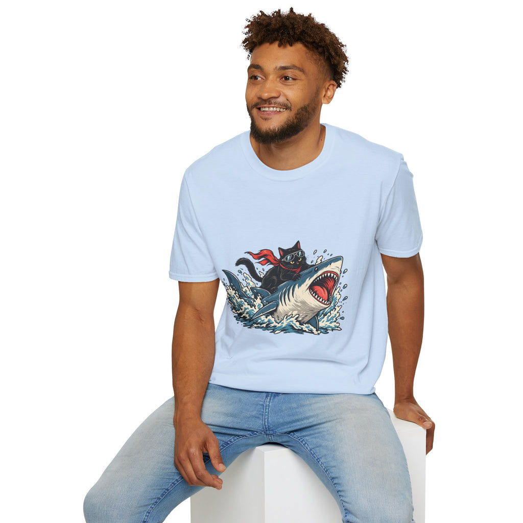 Cat Riding Shark T-Shirt — Retro Surf Graphic Tee for Cat Lovers