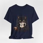 Nope Cat Coffee T‑Shirt — Grumpy Black Cat Holding 'Nope' Mug