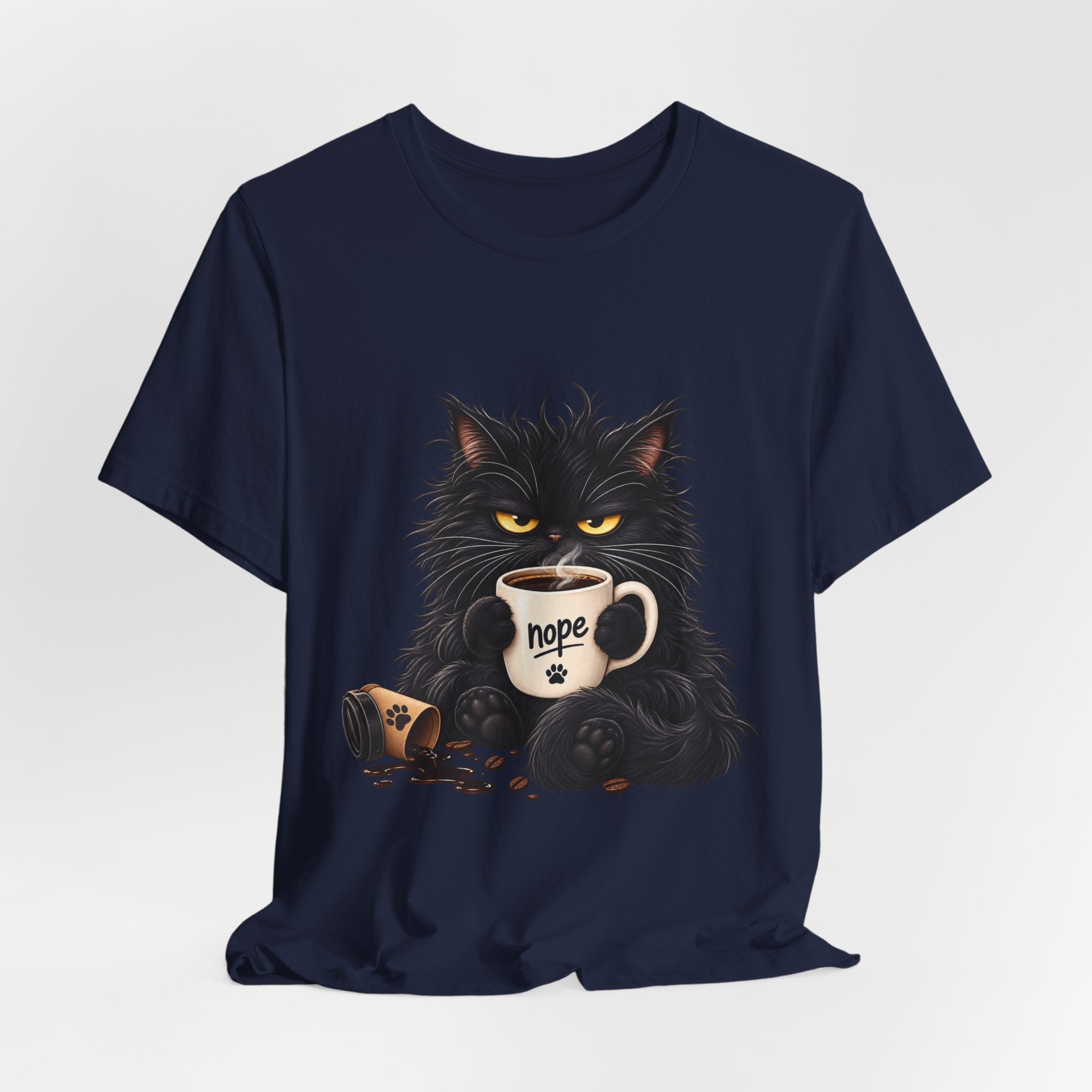 Nope Cat Coffee T‑Shirt — Grumpy Black Cat Holding 'Nope' Mug