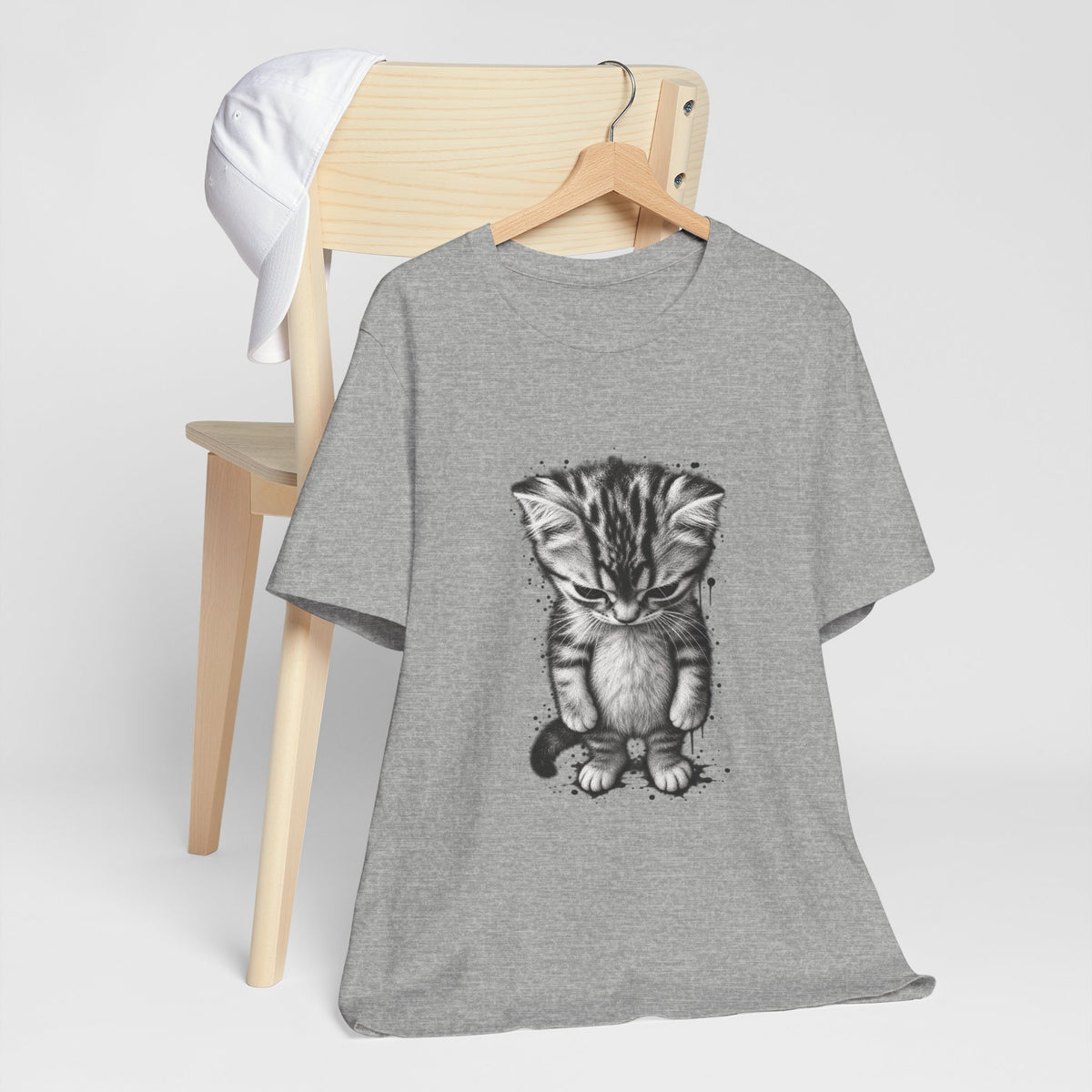Sad Kitten Illustration T-Shirt — Cute Grayscale Cat Art Tee