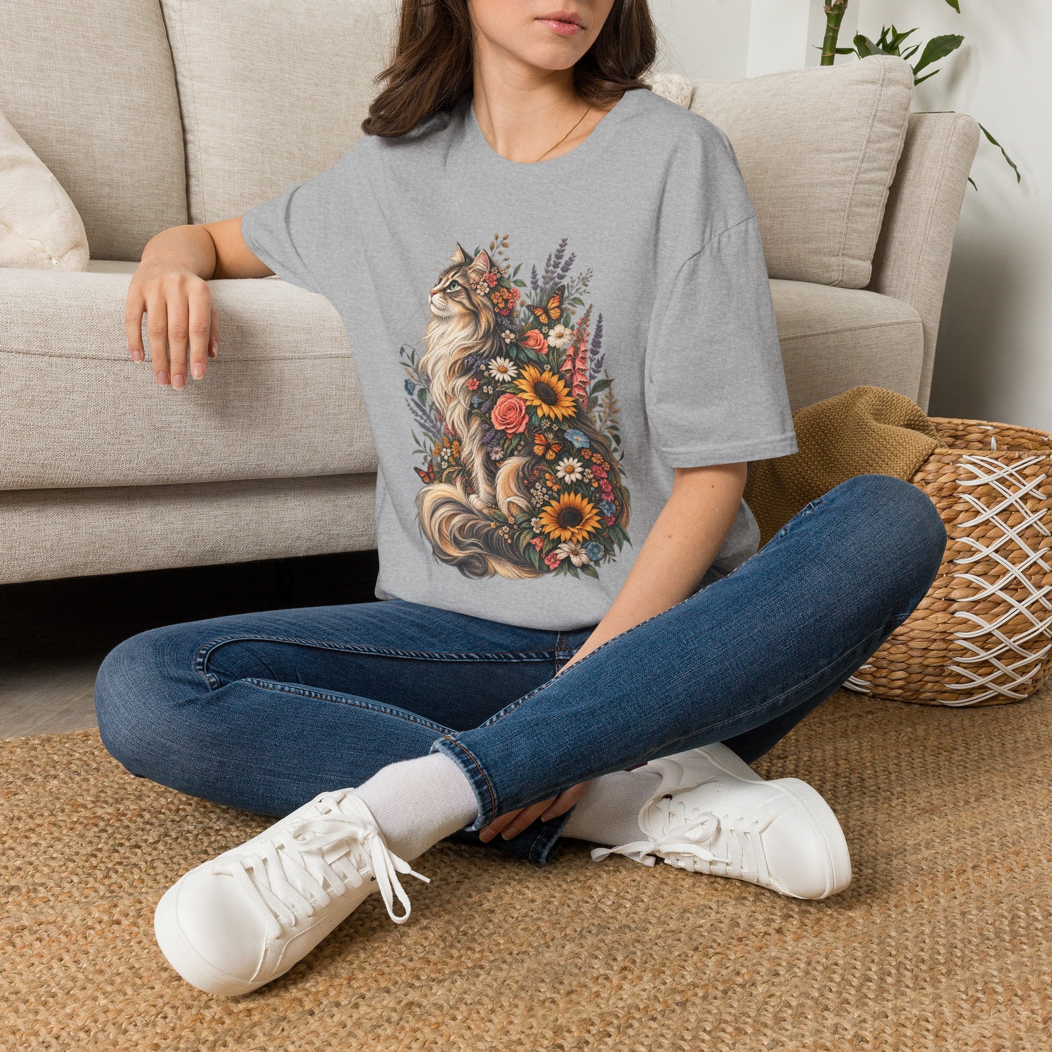 Floral Cat T-Shirt — Sunflower & Wildflower Cat Illustration Tee