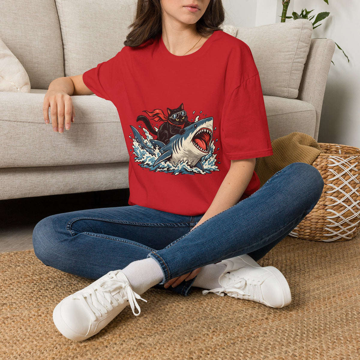 Cat Riding Shark T-Shirt — Retro Surf Graphic Tee for Cat Lovers