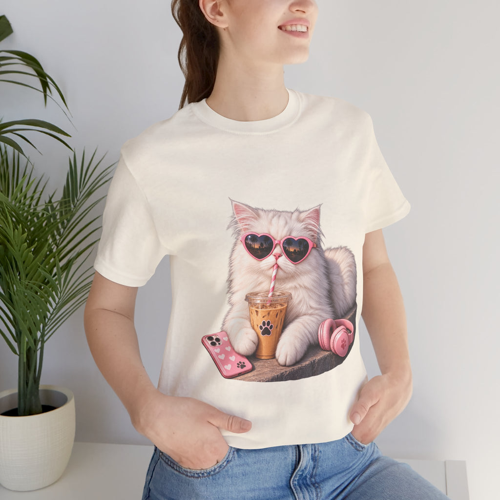 Cat With Boba T-Shirt — Cute White Cat Wearing Heart Sunglasses, Phone & Headphones Tee