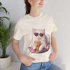 Cat With Boba T-Shirt — Cute White Cat Wearing Heart Sunglasses, Phone & Headphones Tee