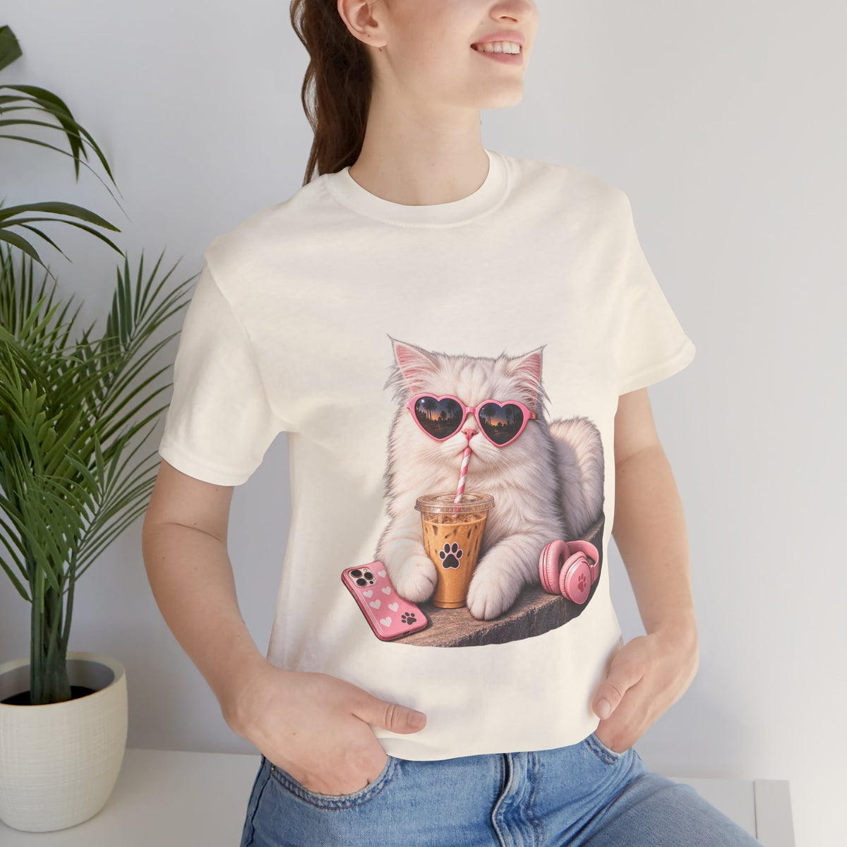 Cat With Boba T-Shirt — Cute White Cat Wearing Heart Sunglasses, Phone & Headphones Tee