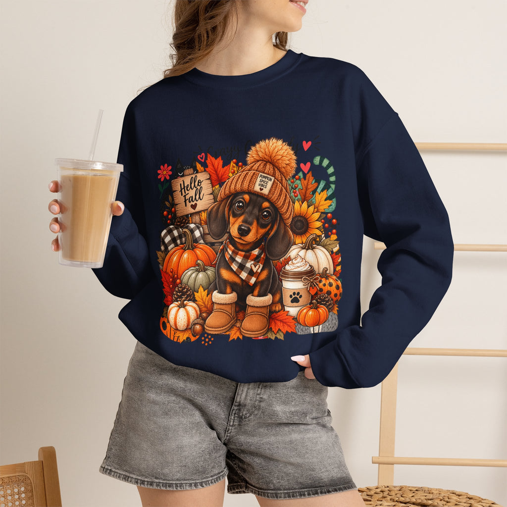 Fall Dachshund Sweatshirt – Cozy Pumpkin Patch Dog Crewneck (Hello Fall)
