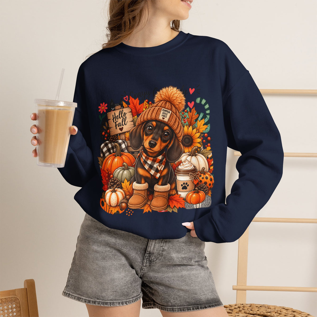 Fall Dachshund Sweatshirt – Cozy Pumpkin Patch Dog Crewneck (Hello Fall)