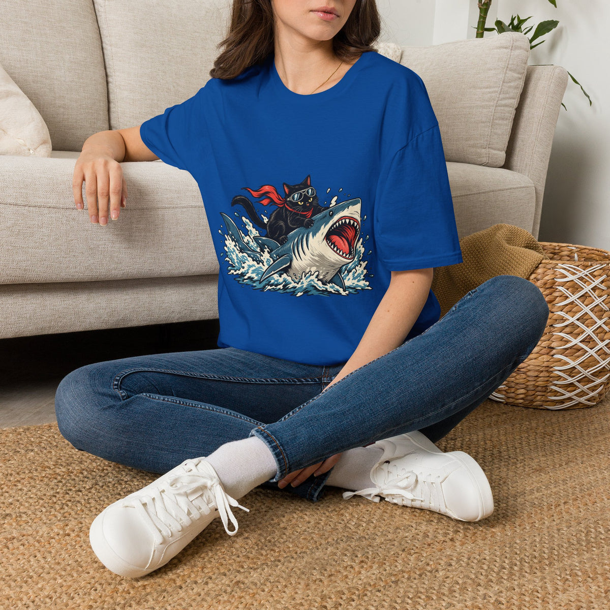 Cat Riding Shark T-Shirt — Retro Surf Graphic Tee for Cat Lovers