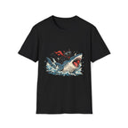 Cat Riding Shark T-Shirt — Retro Surf Graphic Tee for Cat Lovers