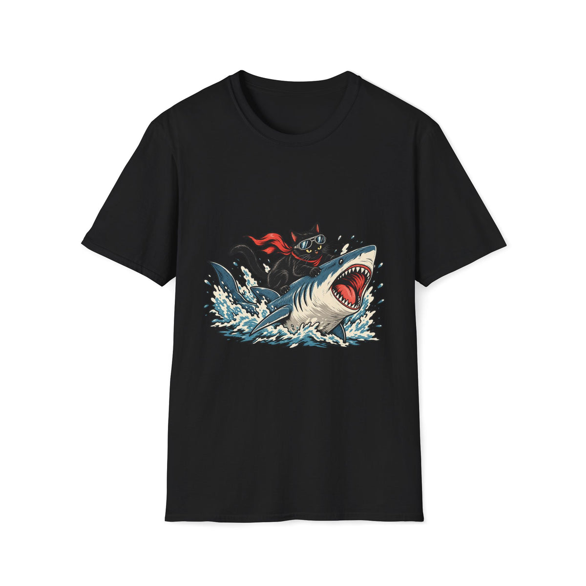 Cat Riding Shark T-Shirt — Retro Surf Graphic Tee for Cat Lovers
