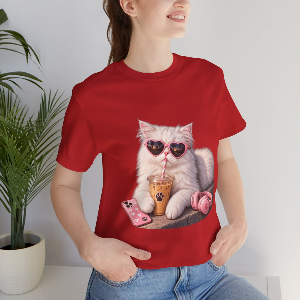 Cat With Boba T-Shirt — Cute White Cat Wearing Heart Sunglasses, Phone & Headphones Tee