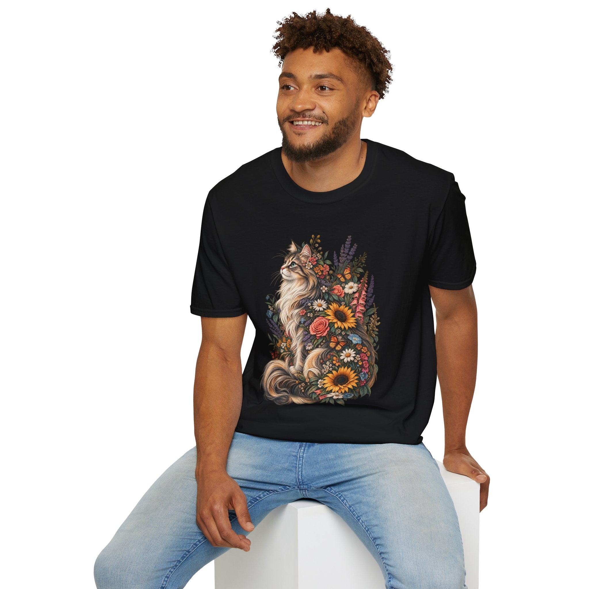 Floral Cat T-Shirt — Sunflower & Wildflower Cat Illustration Tee