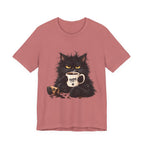 Nope Cat Coffee T‑Shirt — Grumpy Black Cat Holding 'Nope' Mug