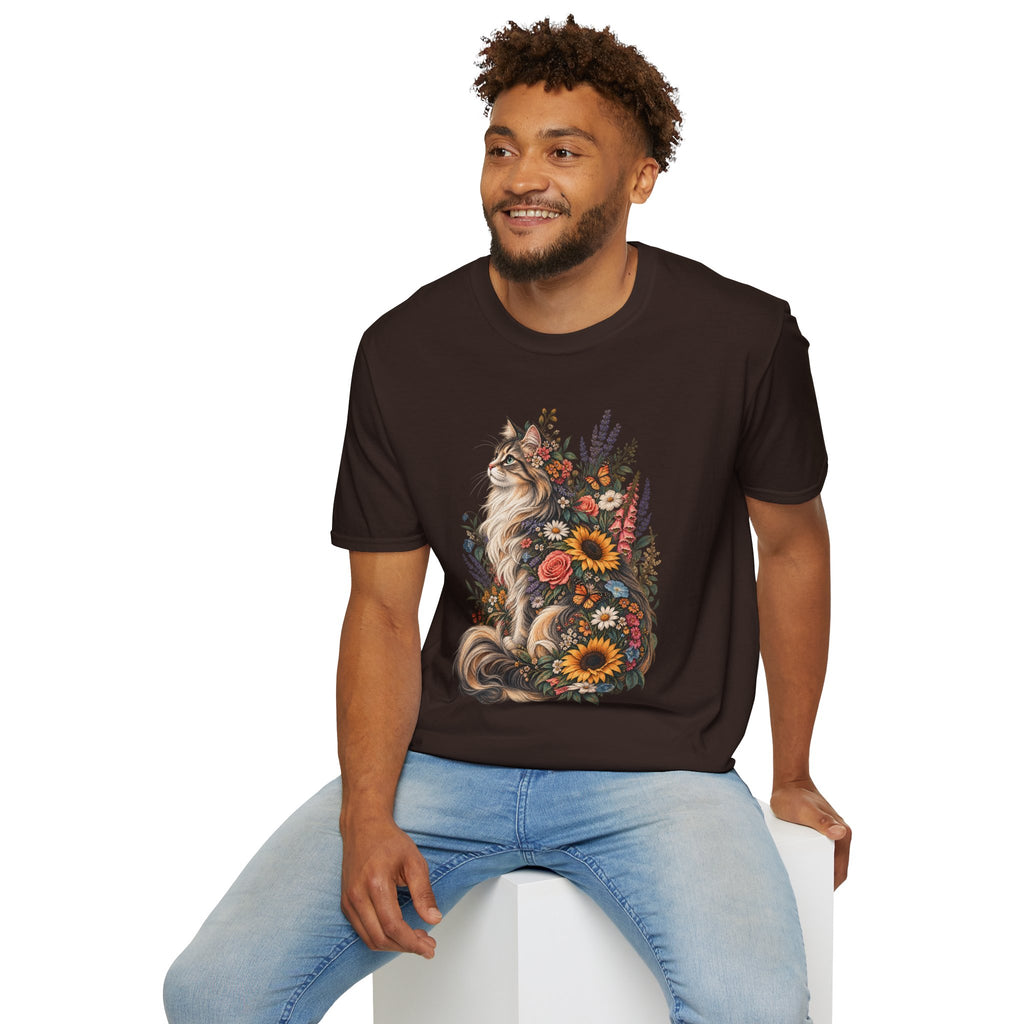 Floral Cat T-Shirt — Sunflower & Wildflower Cat Illustration Tee