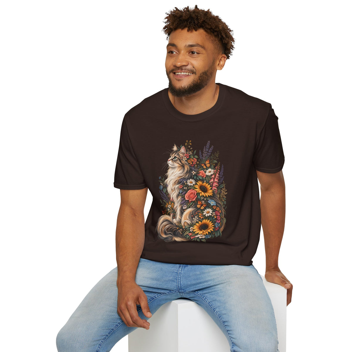 Floral Cat T-Shirt — Sunflower & Wildflower Cat Illustration Tee