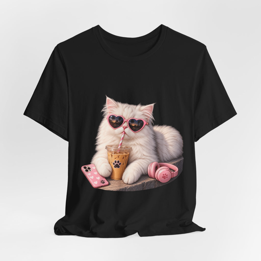 Cat With Boba T-Shirt — Cute White Cat Wearing Heart Sunglasses, Phone & Headphones Tee
