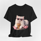 Cat With Boba T-Shirt — Cute White Cat Wearing Heart Sunglasses, Phone & Headphones Tee