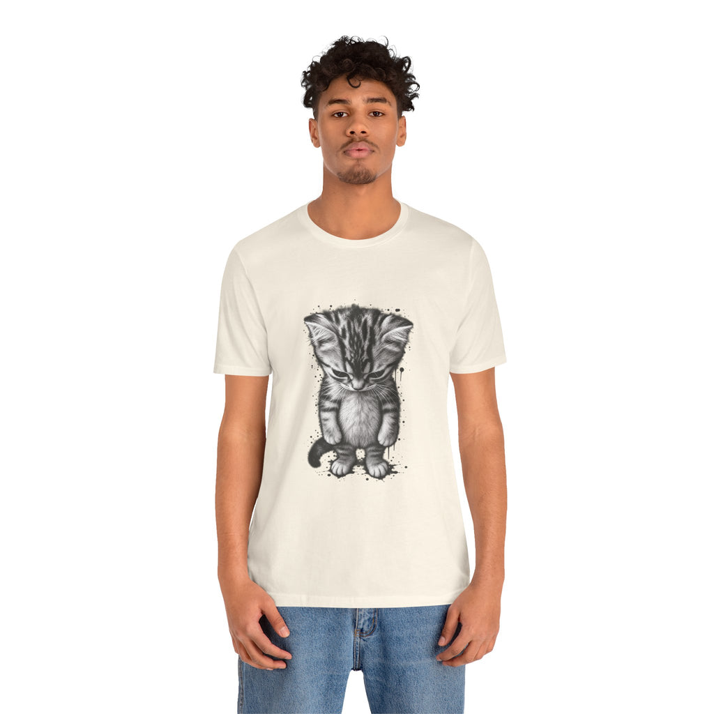Sad Kitten Illustration T-Shirt — Cute Grayscale Cat Art Tee