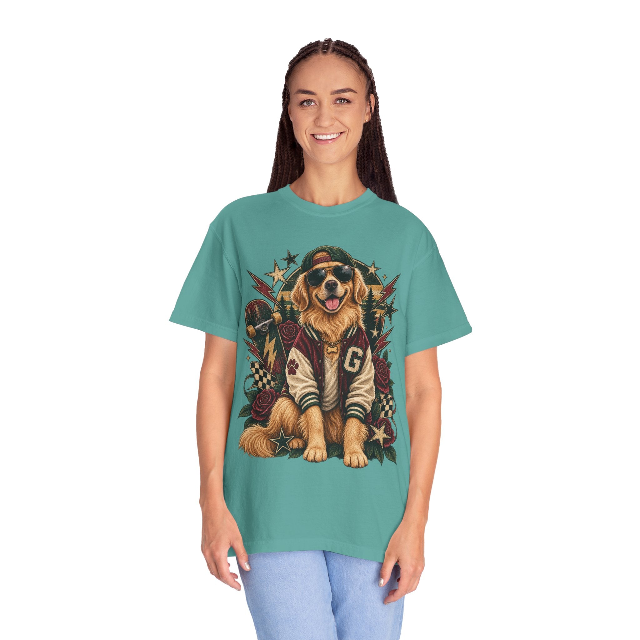 Golden Retriever Varsity T-Shirt — Retro Dog Jacket Design