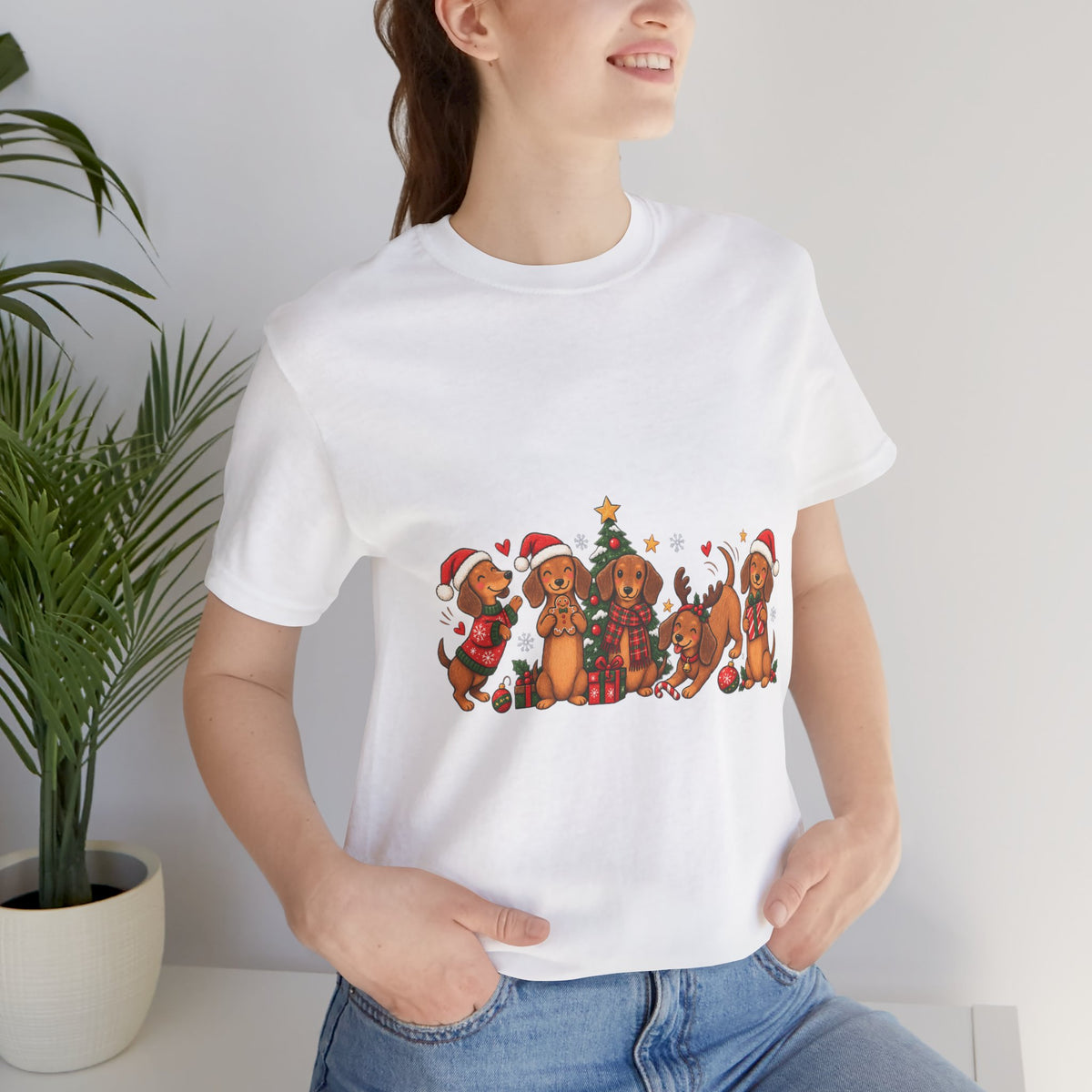 Christmas Dachshund Dogs T-Shirt — Festive Santa Hats & Tree Holiday Tee