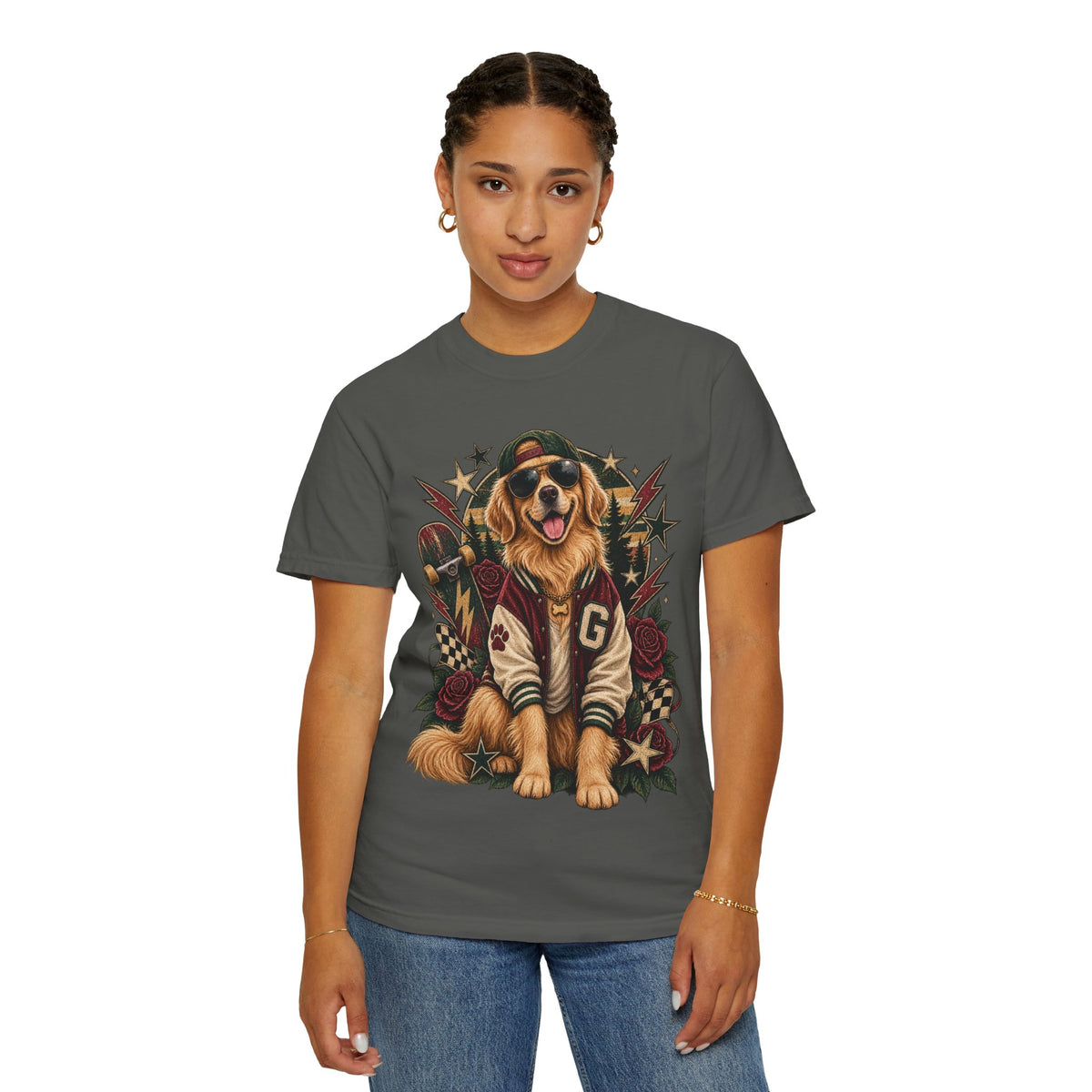Golden Retriever Varsity T-Shirt — Retro Dog Jacket Design