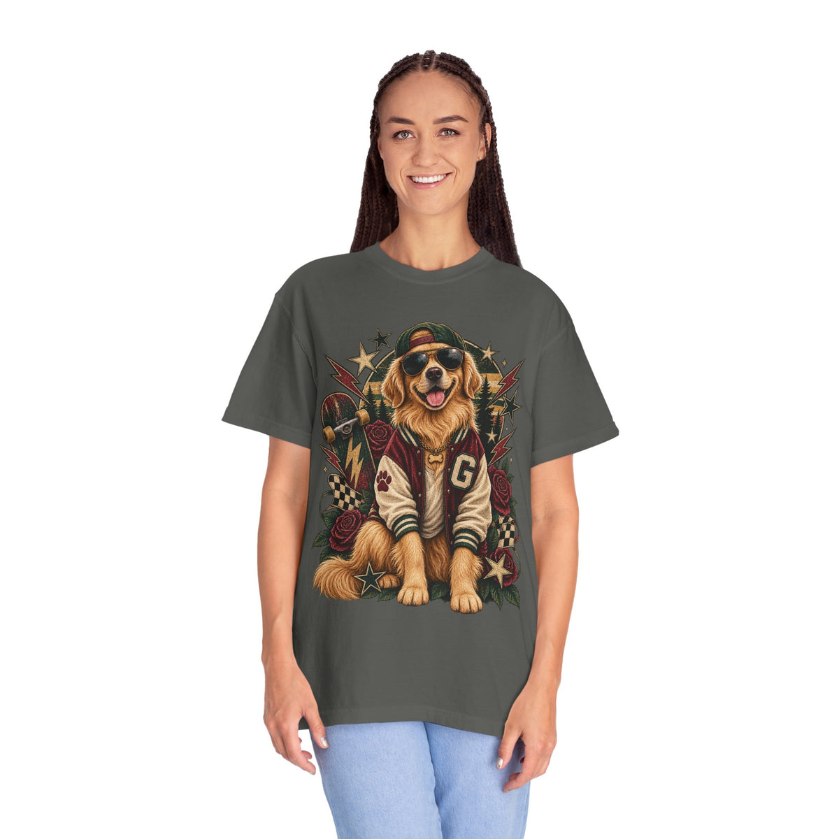 Golden Retriever Varsity T-Shirt — Retro Dog Jacket Design