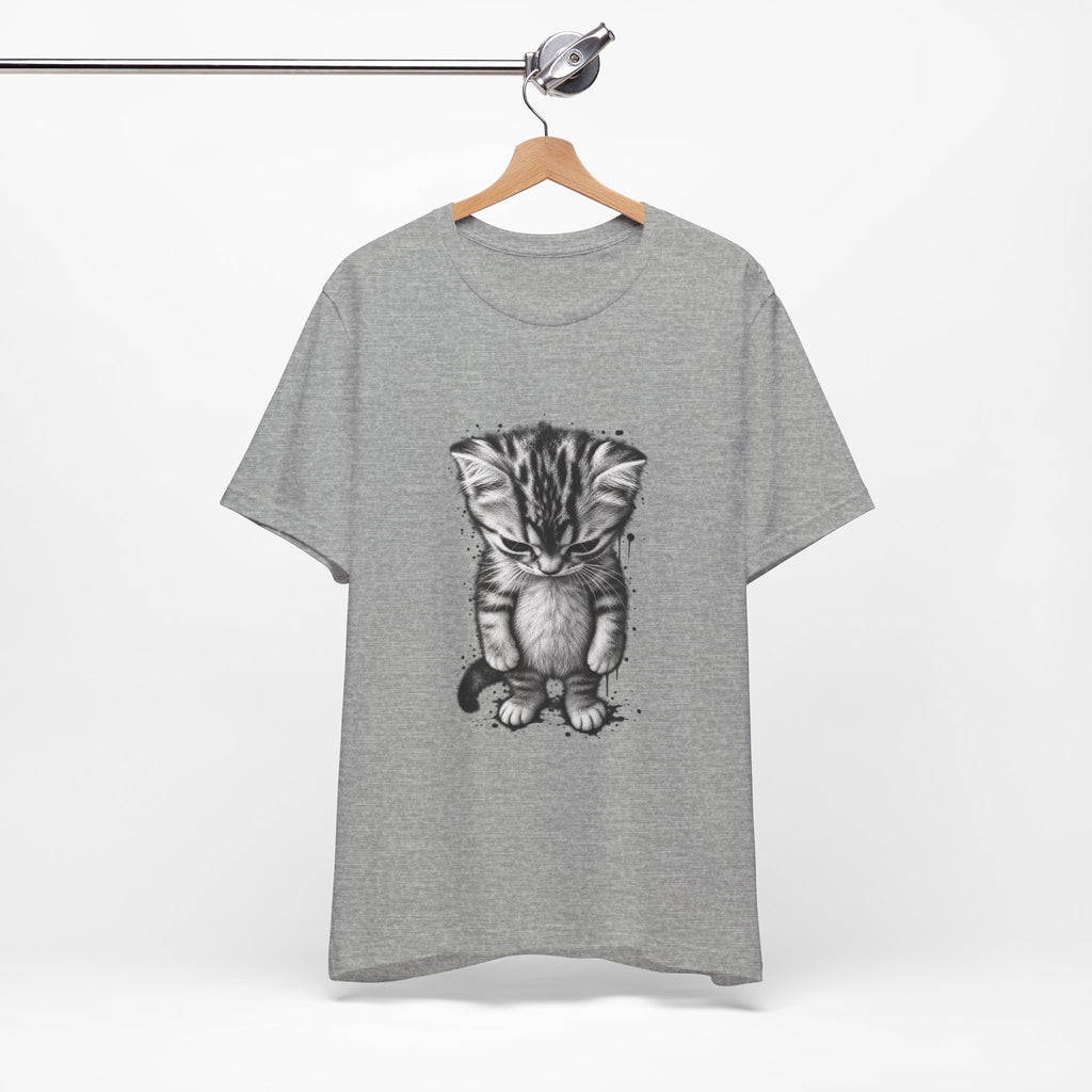 Sad Kitten Illustration T-Shirt — Cute Grayscale Cat Art Tee