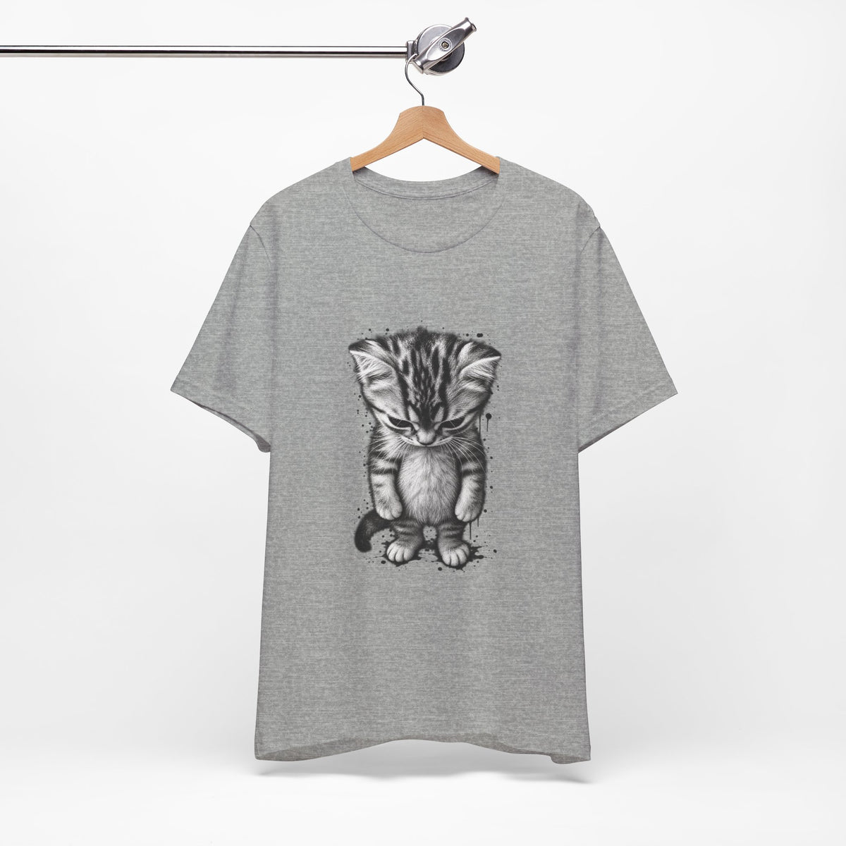 Sad Kitten Illustration T-Shirt — Cute Grayscale Cat Art Tee