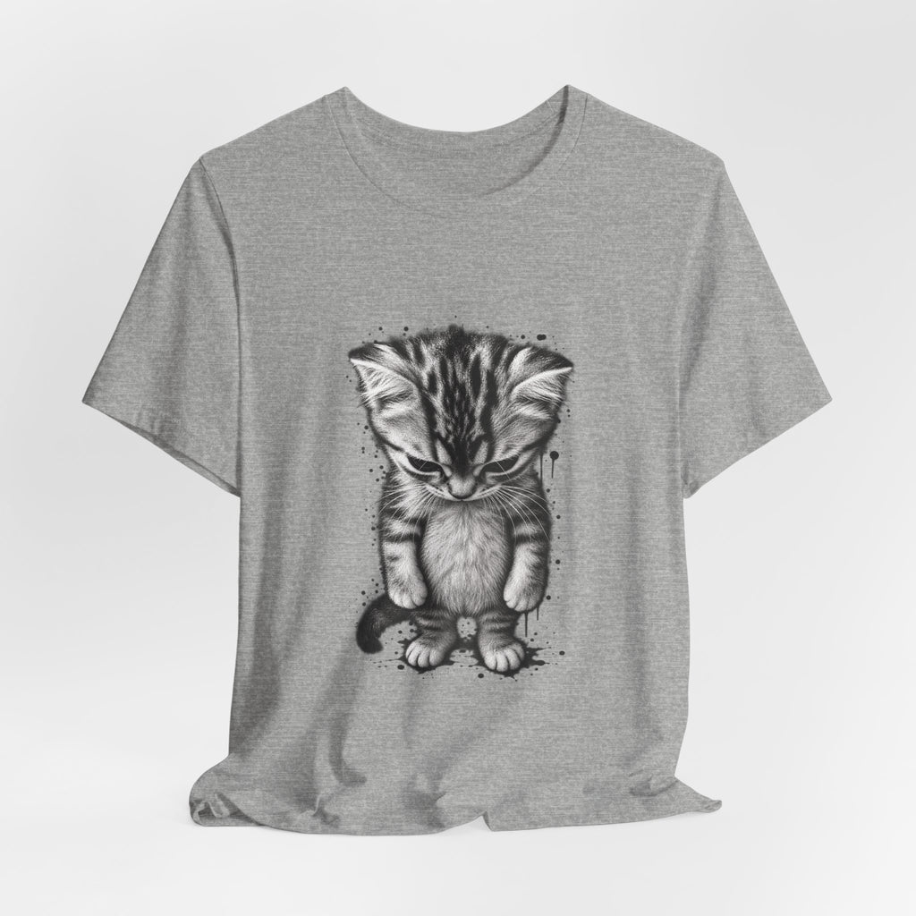 Sad Kitten Illustration T-Shirt — Cute Grayscale Cat Art Tee