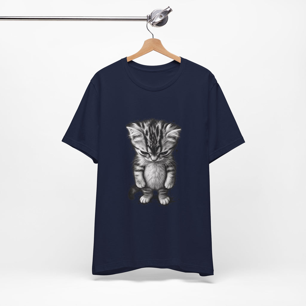 Sad Kitten Illustration T-Shirt — Cute Grayscale Cat Art Tee