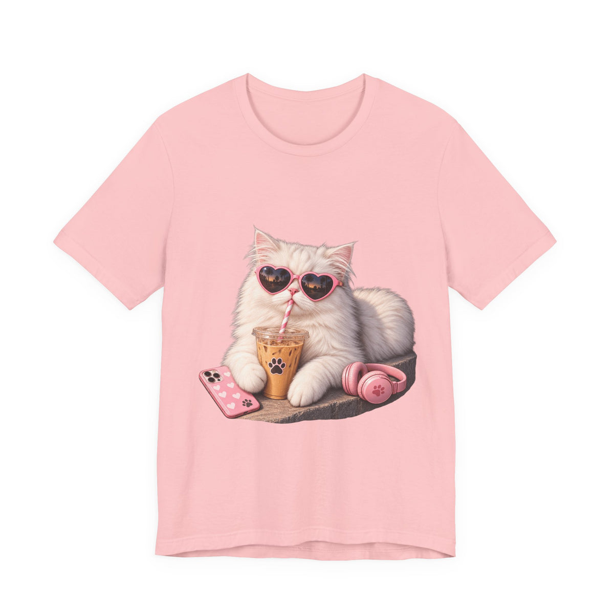 Cat With Boba T-Shirt — Cute White Cat Wearing Heart Sunglasses, Phone & Headphones Tee
