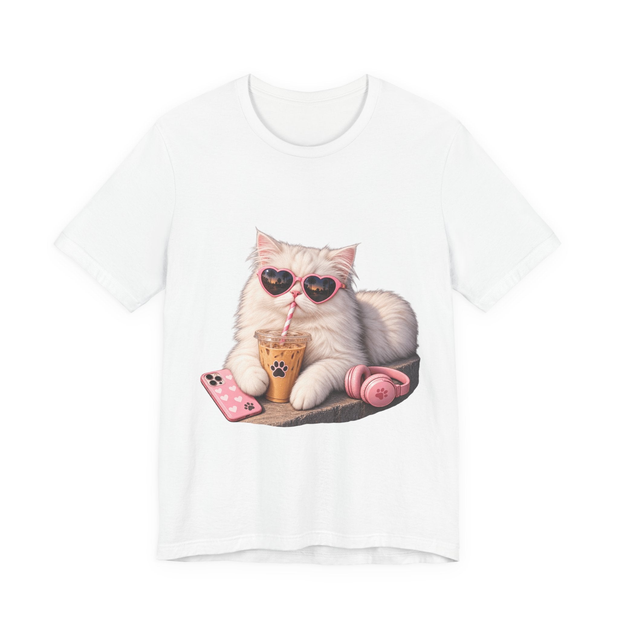 Cat With Boba T-Shirt — Cute White Cat Wearing Heart Sunglasses, Phone & Headphones Tee