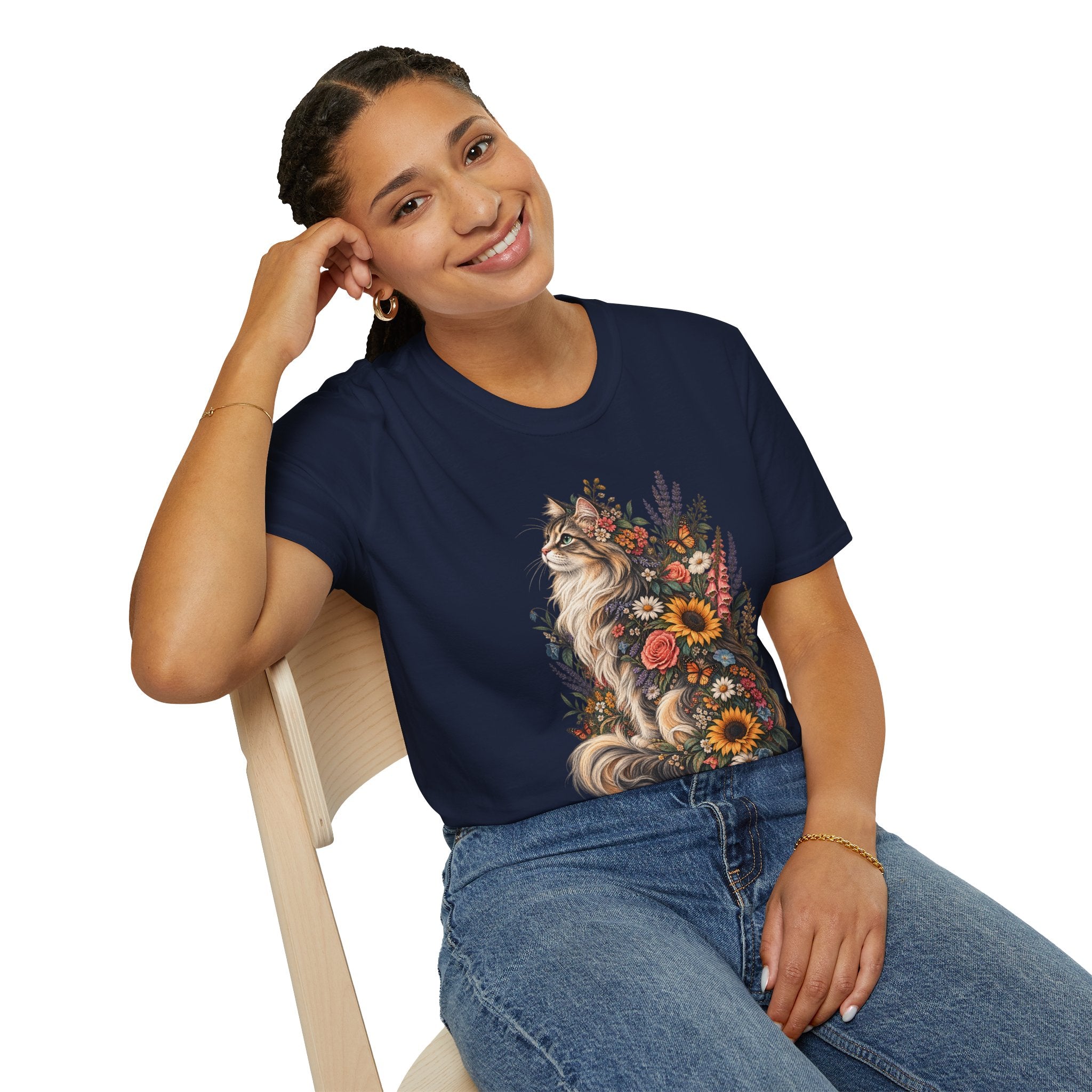 Floral Cat T-Shirt — Sunflower & Wildflower Cat Illustration Tee