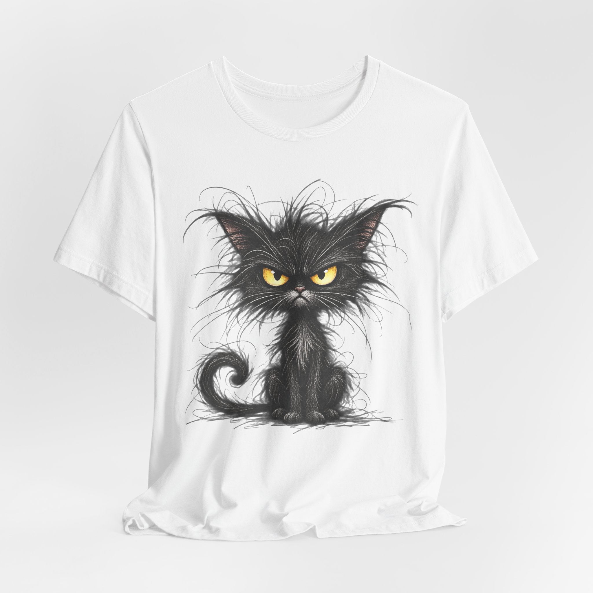 Grumpy Black Cat T‑Shirt — Cute Gothic Cat Tee with Yellow Eyes