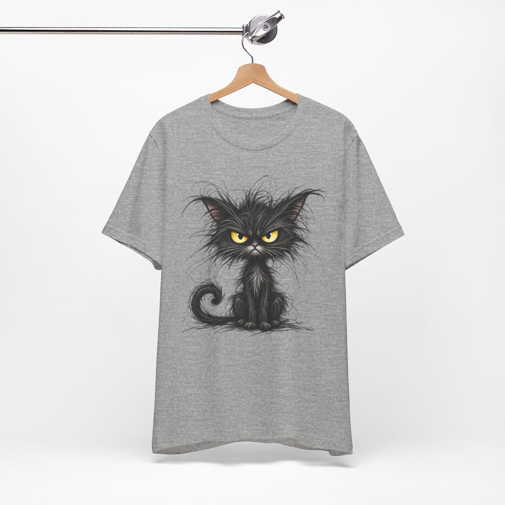 Grumpy Black Cat T‑Shirt — Cute Gothic Cat Tee with Yellow Eyes