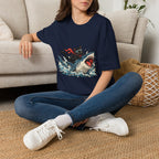 Cat Riding Shark T-Shirt — Retro Surf Graphic Tee for Cat Lovers