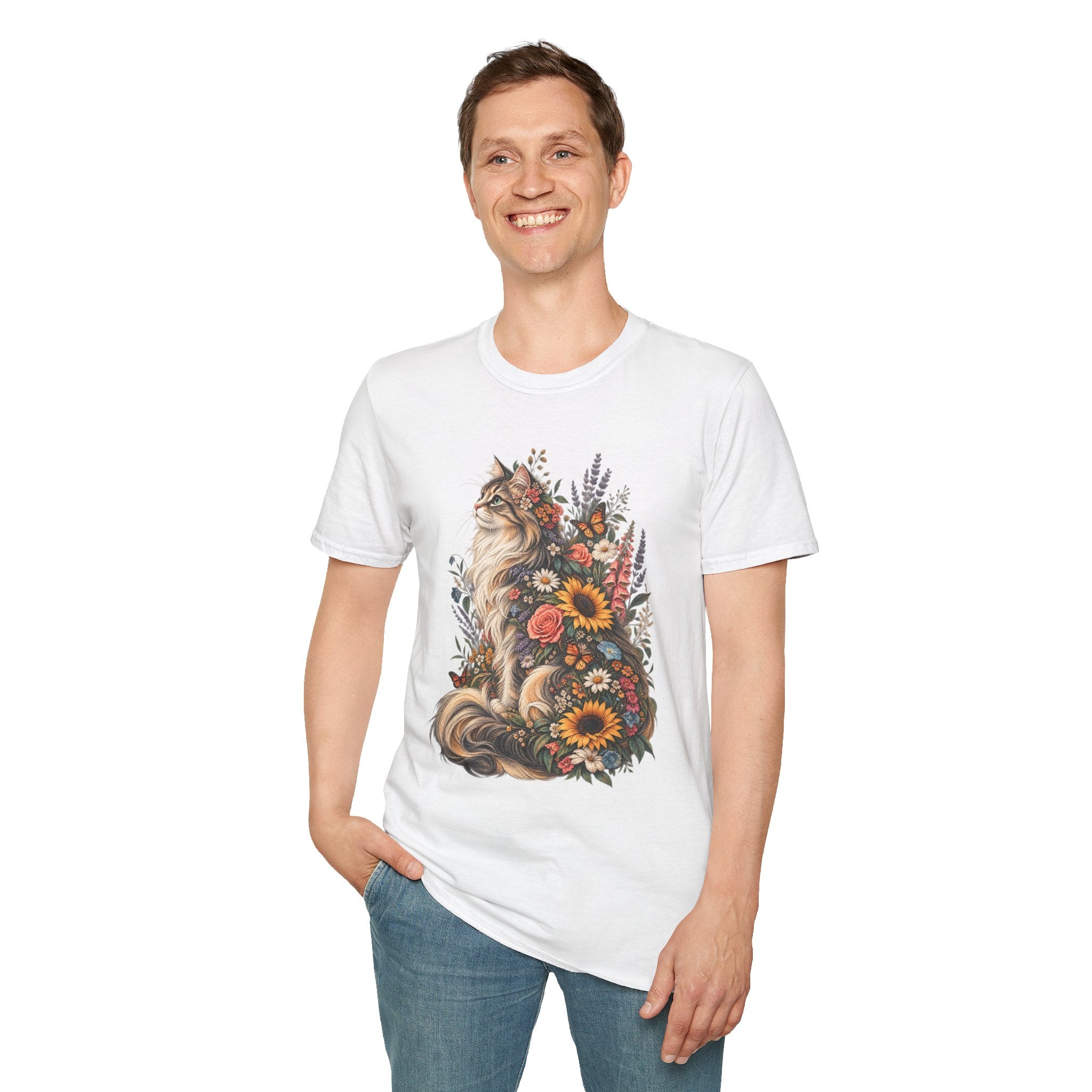 Floral Cat T-Shirt — Sunflower & Wildflower Cat Illustration Tee