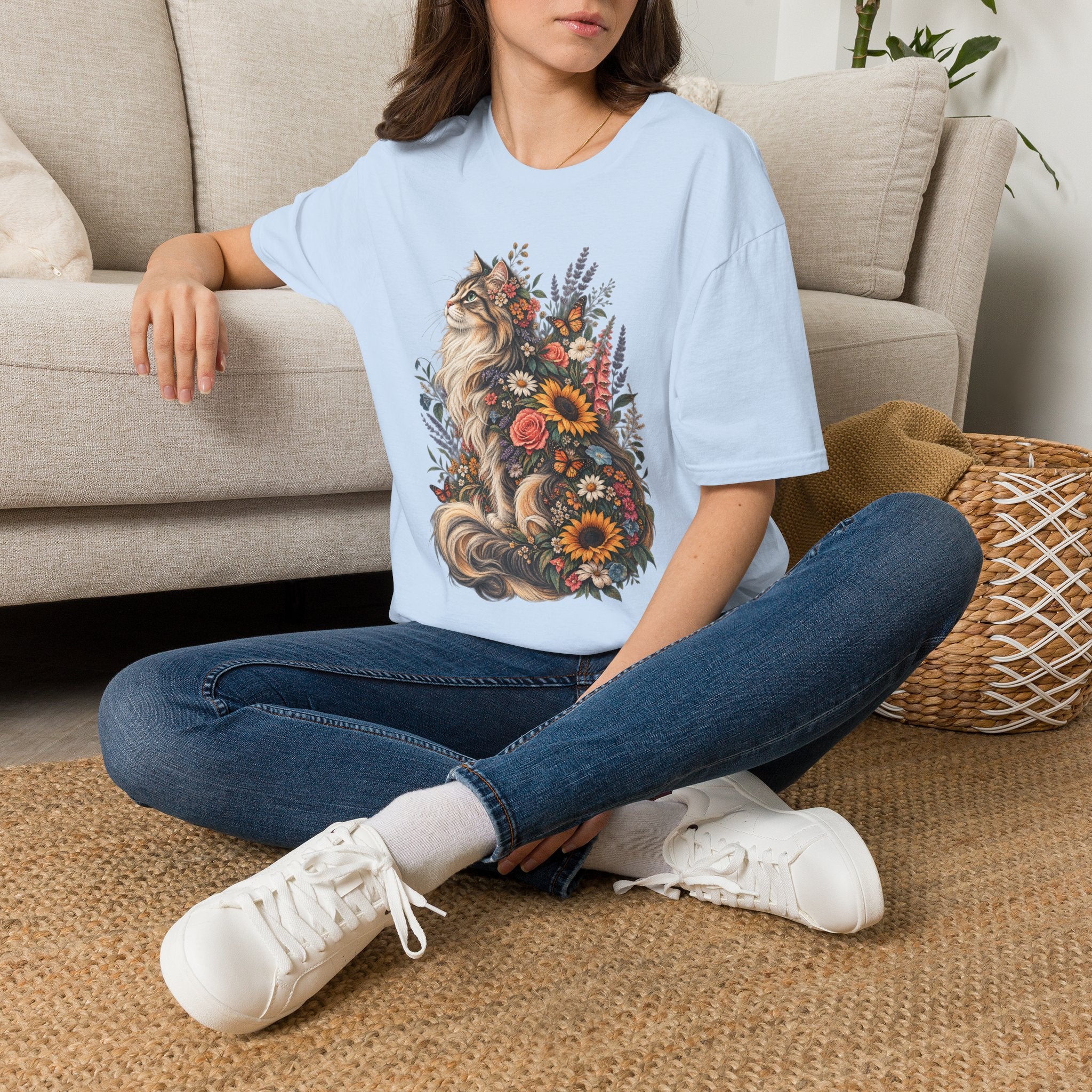 Floral Cat T-Shirt — Sunflower & Wildflower Cat Illustration Tee
