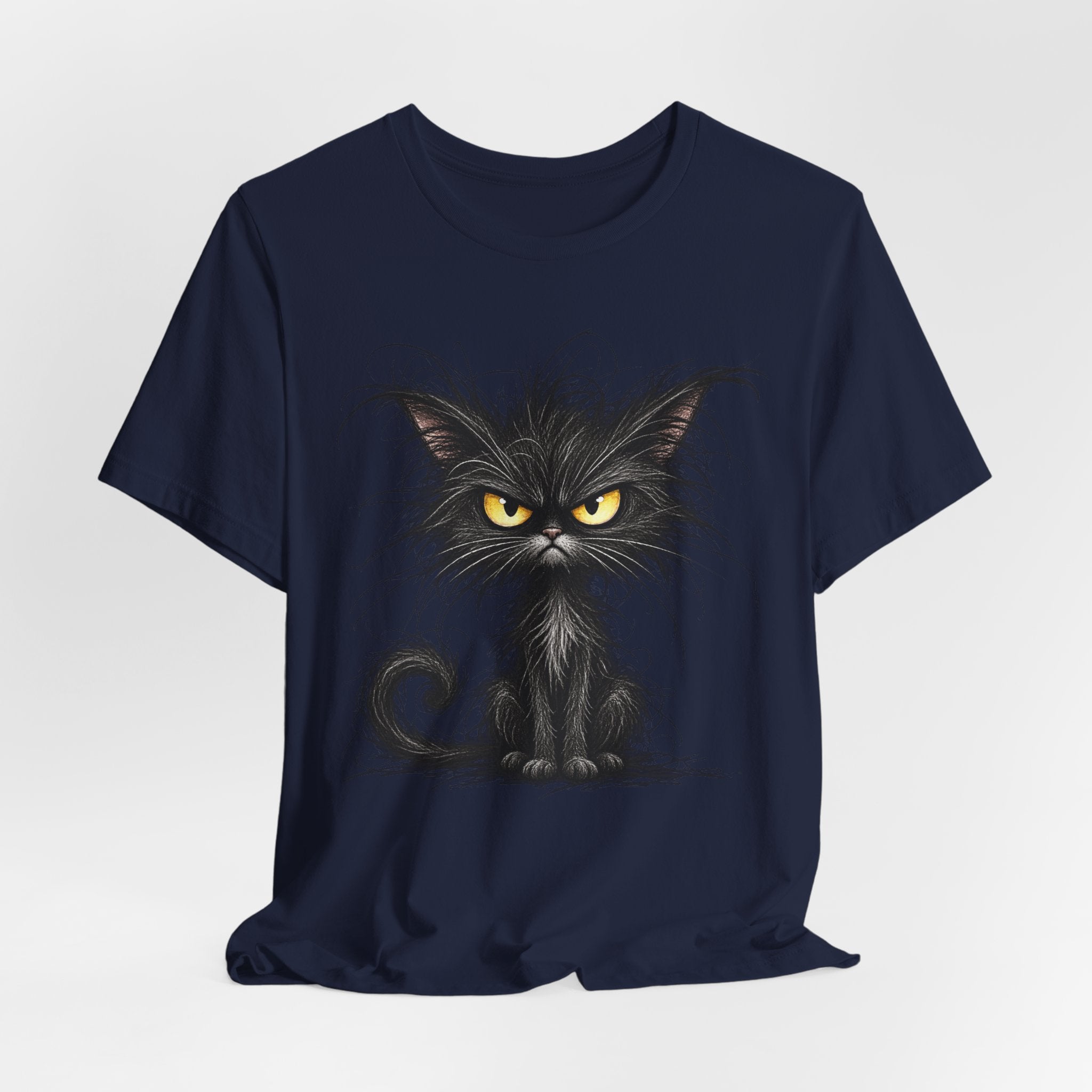 Grumpy Black Cat T‑Shirt — Cute Gothic Cat Tee with Yellow Eyes