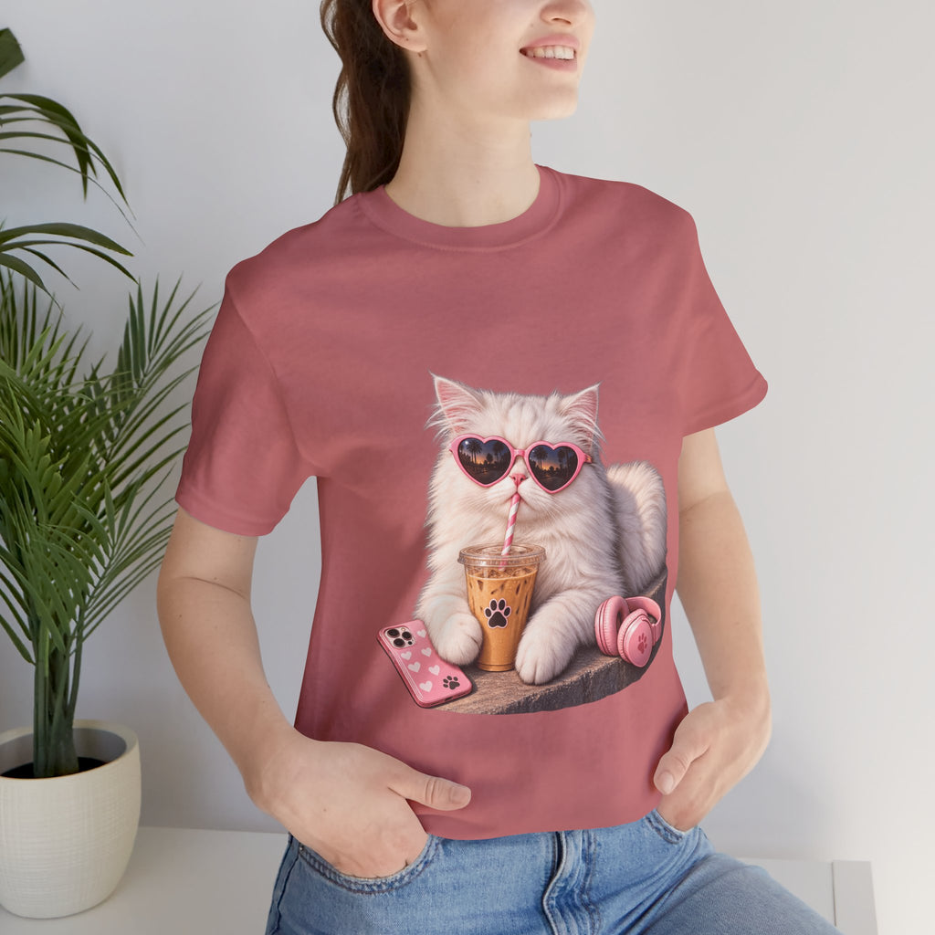 Cat With Boba T-Shirt — Cute White Cat Wearing Heart Sunglasses, Phone & Headphones Tee