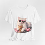 Cat With Boba T-Shirt — Cute White Cat Wearing Heart Sunglasses, Phone & Headphones Tee